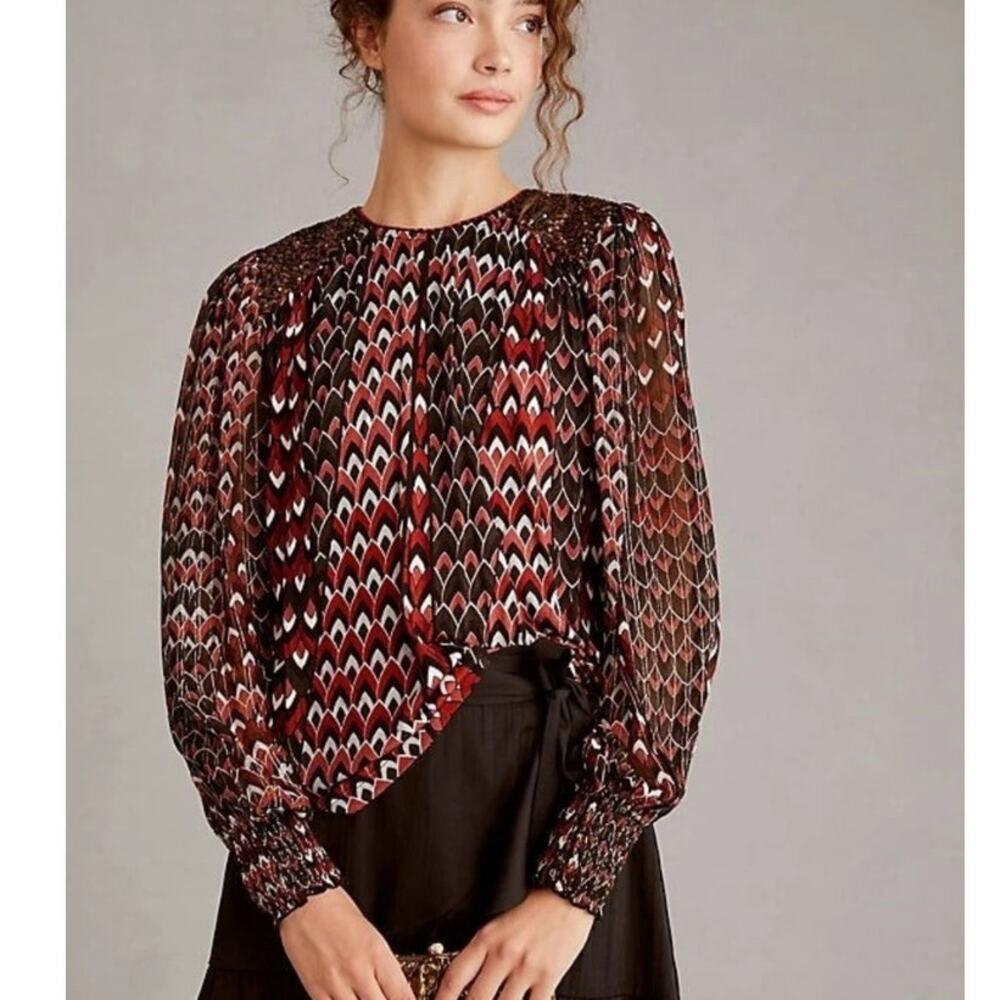 Blank London 1X Sequin Shoulder Metallic Red Black Gold Bell Sleeve Blouse